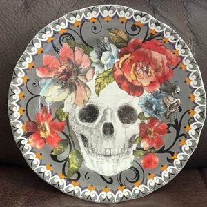 222 Fifth Marbella Skull Grey 8 5/8” Halloween Salad Plate